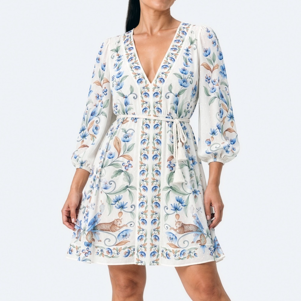 FARM Rio Elsa Print Tassel Waist White Floral Mini Dress GG fits M/L